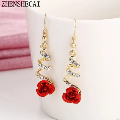 Ethnic Red Rose Drop Earrings with rhinestones for women, golden color, elegant design