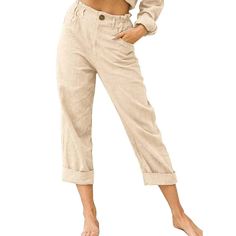 Women's cotton linen patchwork pants with drawstring back and elastic waist in various colours