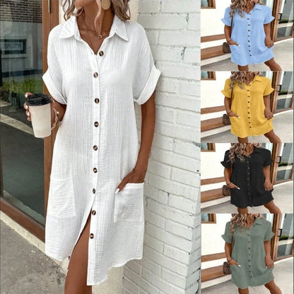 Stylish midi dress with short sleeves, made of premium polyester fabric and available in a range of colours