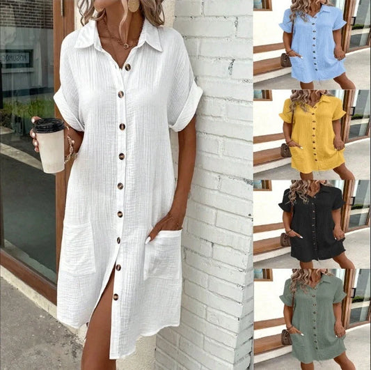 Stylish midi dress with short sleeves, made of premium polyester fabric and available in a range of colours
