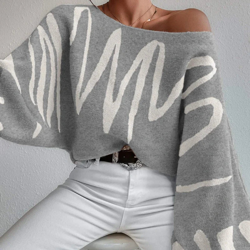 Women's lantern-sleeved pullover sweater with printed design in various colours