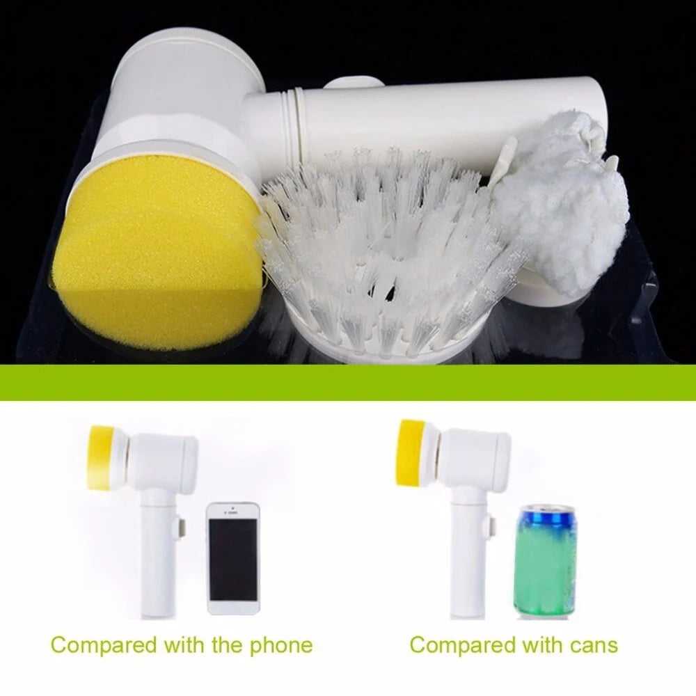 5-in-1 electric cleaning brush with white handle and three interchangeable heads