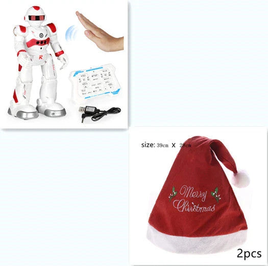 Remote-controlled dancing robot toy with gesture-sensing controls, preprogrammed songs and dances, and customizable programming capabilities