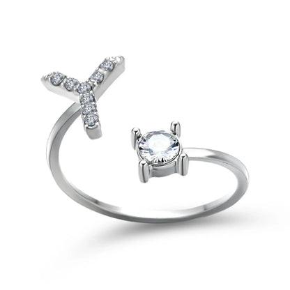 Customizable adjustable ring with 26 letters for women, featuring zircon stones and copper alloy construction