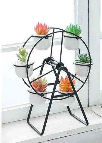 Ferris Wheel stand with 6 cement succulent plant pots for compact plant display