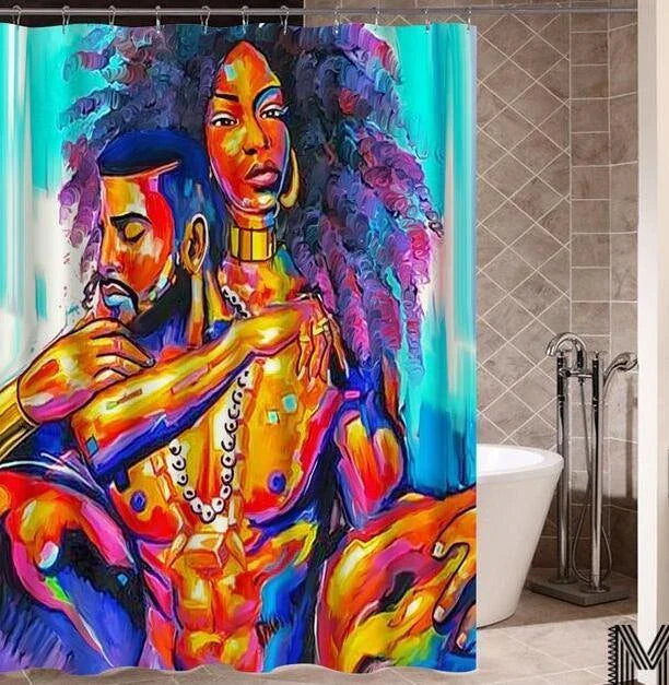 Vibrant African-inspired shower curtain with portrait of a beautiful African girl wearing earrings and bold hairstyle