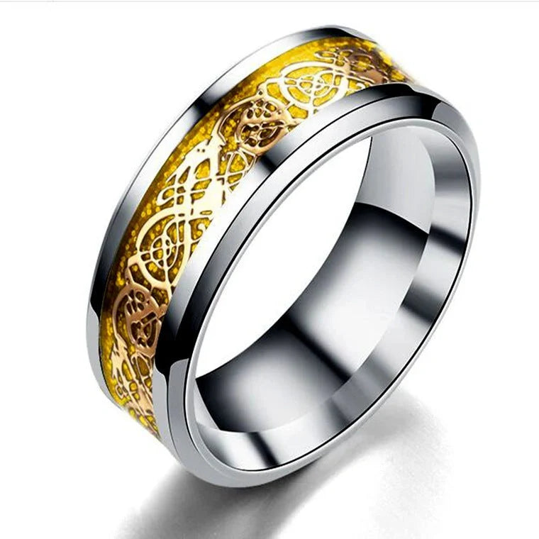 Dragon pattern stainless steel ring in black gold, showcasing intricate design and polished finish.