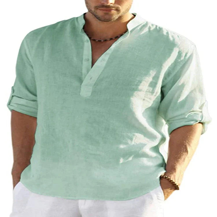 A stylish linen-blend men's casual shirt with a stand collar, button-down closure, and slim tailored fit