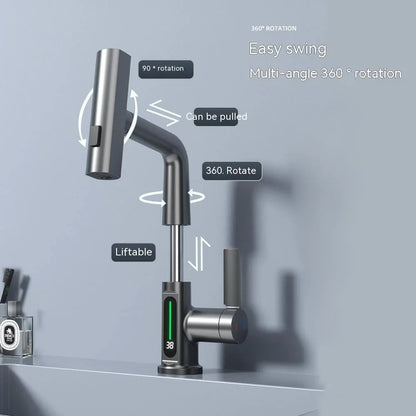 Versatile digital kitchen faucet with temperature display, 360-degree swivel, and pull-out design for enhanced maneuverability and precise water temperature control