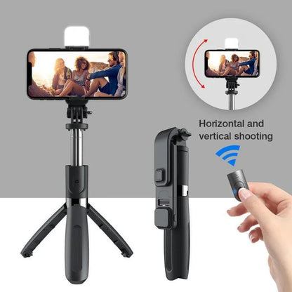 Adjustable Bluetooth selfie stick with remote control and tripod for iPhone, ideal for capturing full-body and hands-free mobile photos