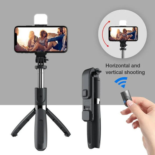Adjustable Bluetooth selfie stick with remote control and tripod for iPhone, ideal for capturing full-body and hands-free mobile photos