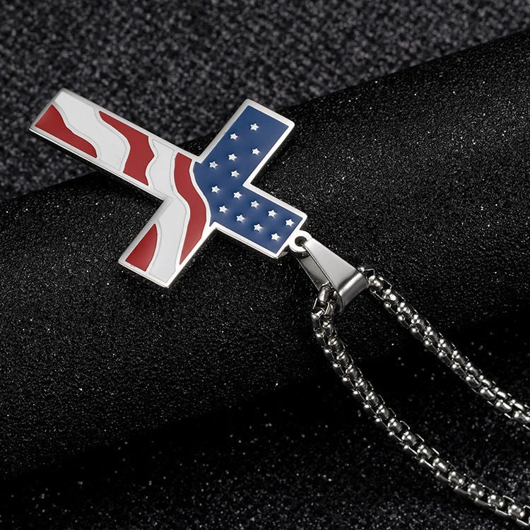 Stainless steel flag cross necklace for men, geometric design, polished finish.