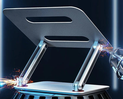 Adjustable aluminium laptop stand with foldable design and ventilated cooling rack for desks