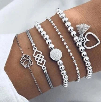 Bead Chain Bracelet Set featuring star and moon design in alloy material