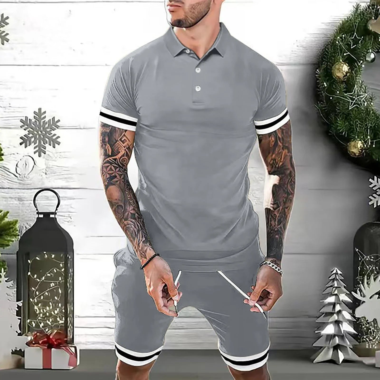 Men's 2-piece polo shirt and shorts outfit in various colors, including green, white, black, gray, navy blue, and blue