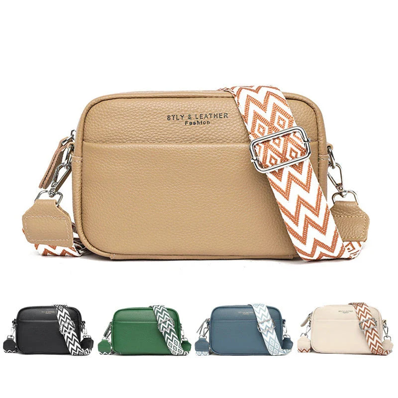 A fashionable crossbody bag with a rhombus embroidered strap, available in multiple colors including black, beige, green, blue, and khaki.