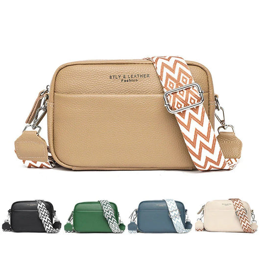 A fashionable crossbody bag with a rhombus embroidered strap, available in multiple colors including black, beige, green, blue, and khaki.