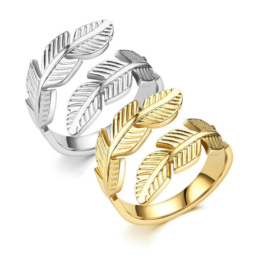 Feather-themed titanium steel open ring in gold and silver colours, with an adjustable design and elegant geometric shape