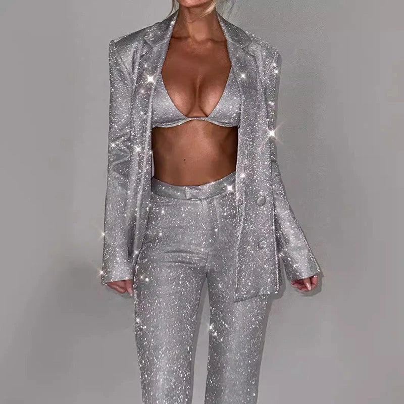 Women's 3-piece shiny suit set with bra lapel blazer and straight-leg trousers