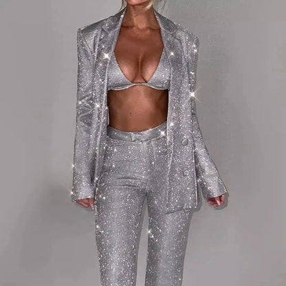 Women's 3-piece shiny suit set with bra lapel blazer and straight-leg trousers