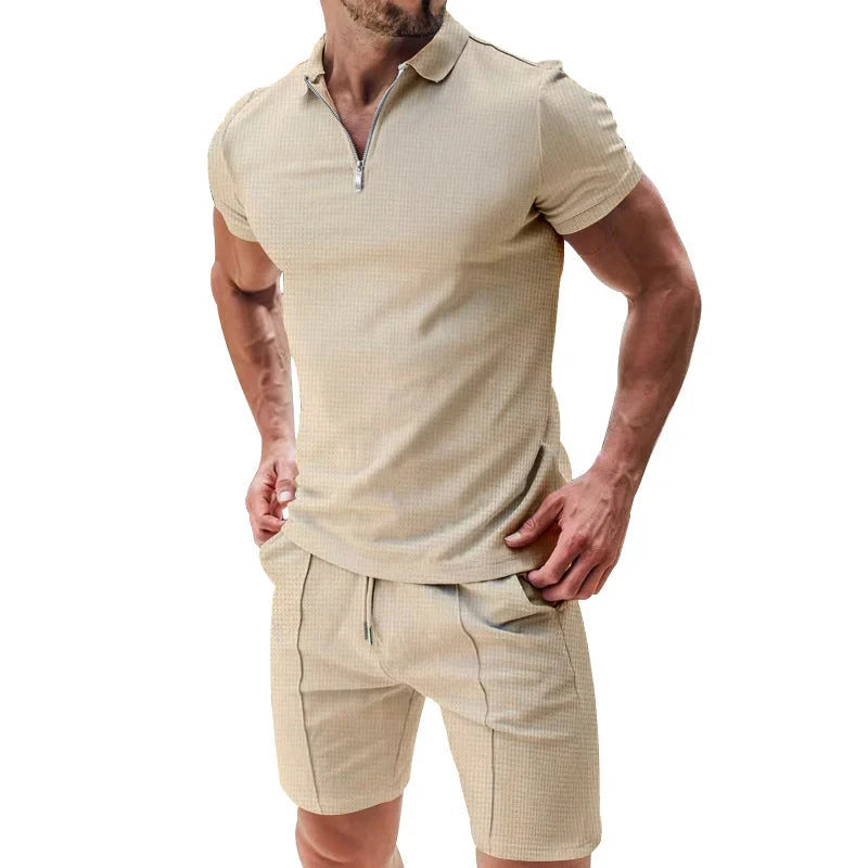 Men's summer waffle suit set with zipper lapel and drawstring shorts in various colours