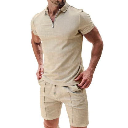 Men's summer waffle suit set with zipper lapel and drawstring shorts in various colours