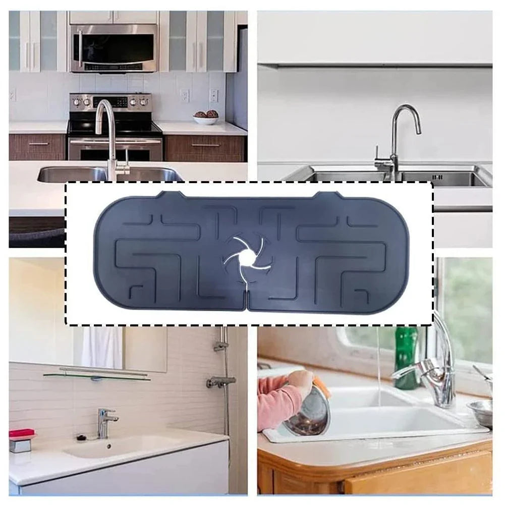 Premium silicone faucet splash guard with drainage design, protecting kitchen and bathroom countertops from water mess