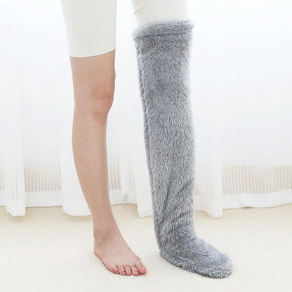 Cozy over-the-knee fuzzy socks in various colors, including brown, blue, dark gray, and pink purple
