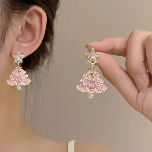 Elegant Christmas tree earrings with sparkling zircon stones, perfect for festive celebrations