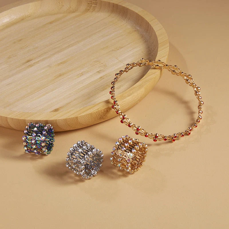 2-in-1 folding retractable rings bracelet with rhinestone detail, adjustable design