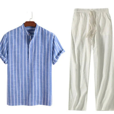 Men's striped cotton short sleeve shirt in white, red, grey, and blue
