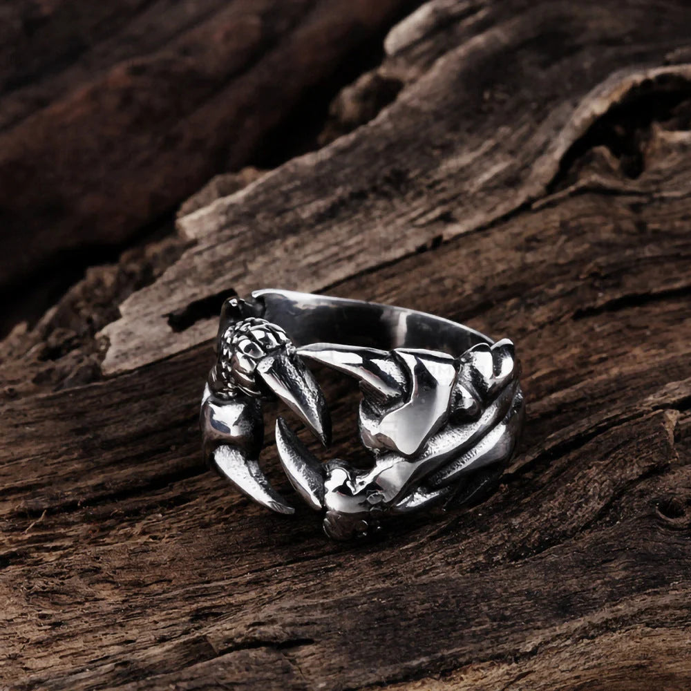 Striking open dragon claw ring made from premium titanium steel, with a lustrous chrome-like finish and adjustable, comfortable fit