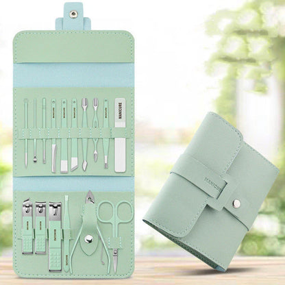A 16-piece premium manicure and pedicure set with stainless steel tools and a stylish leather case