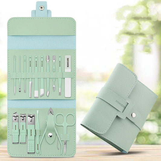 A 16-piece premium manicure and pedicure set with stainless steel tools and a stylish leather case