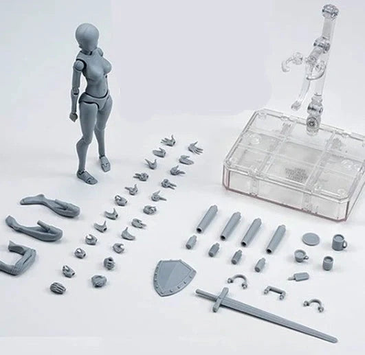 Articulated artist mannequin kit with interchangeable accessories for precise figure drawing