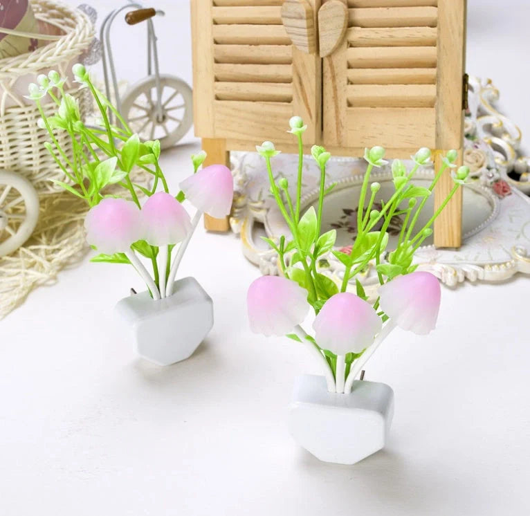 Colour-changing LED Mushroom Light with sensor in white ceramic pot
