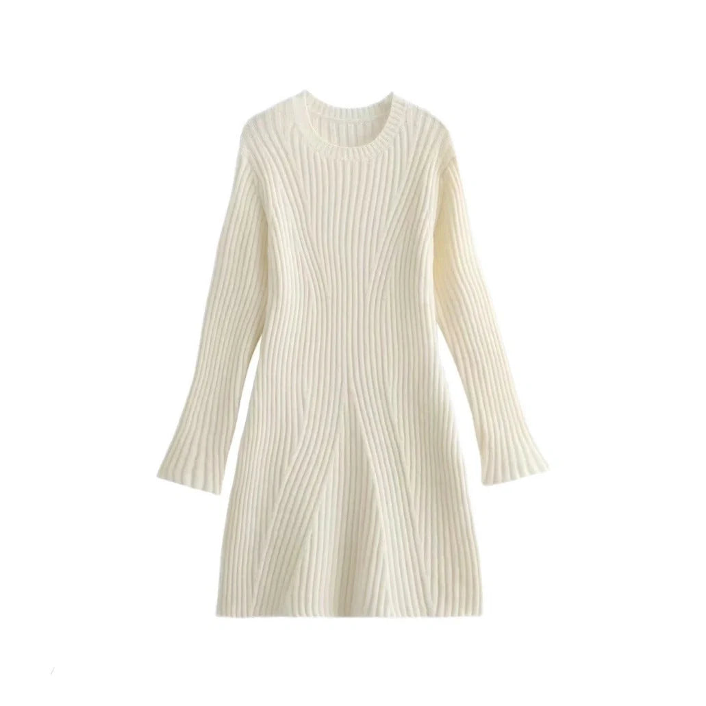Stylish ribbed knitted dress for women in various colours, featuring a slim fit and stand-up collar.