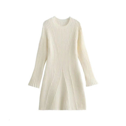 Stylish ribbed knitted dress for women in various colours, featuring a slim fit and stand-up collar.