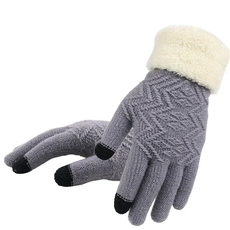 Women's winter knitted gloves in purple, pink, grey, and black