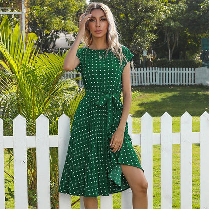 Stylish polka dot midi dress with short sleeves, pleated skirt, and hidden lining for a smooth, non-see-through fit