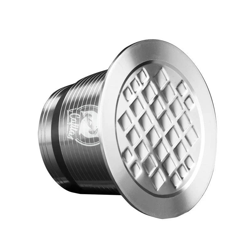 Premium stainless steel coffee capsule holder with integrated tamper for easy organization and perfect espresso extraction