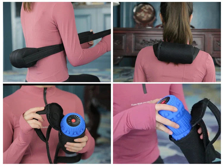 Electric deep tissue foam roller with vibrating peanut massage ball in blue-black grey