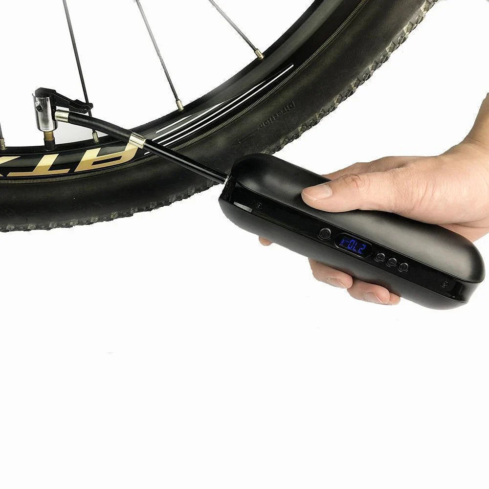 Compact, rechargeable bike tyre inflator with digital pressure display and automatic shut-off for convenience and precision