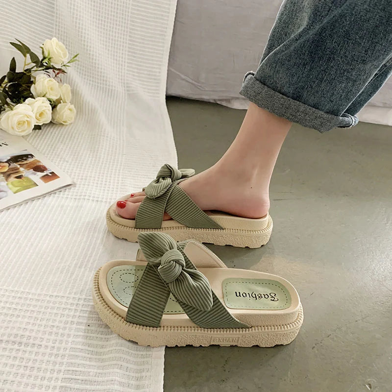 Women's Two Wear Flat Platform Sandals in green, beige, and black