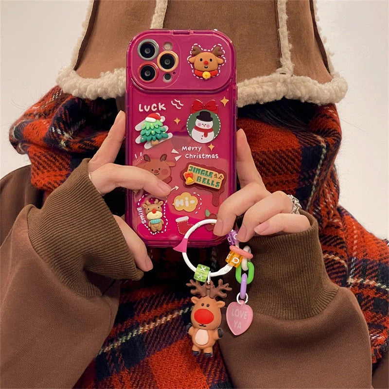 Festive Christmas Santa Claus Elk Hat Pendant Flip Phone Case for iPhone with 3D design