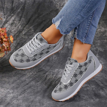 Women's floral print lace-up sneakers in grey and camel colours