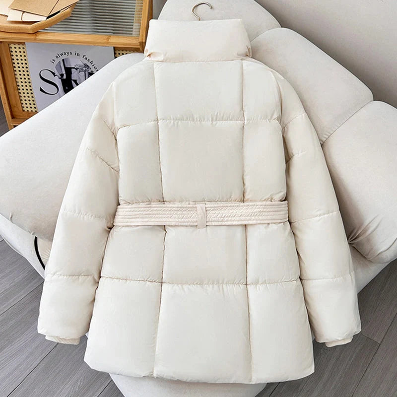 Women's Warm Lapel Plaid Coat with Belt in Black, White, and Brown