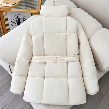 Women's Warm Lapel Plaid Coat with Belt in Black, White, and Brown