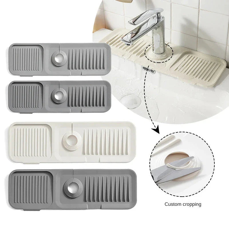 Premium silicone faucet splash guard with sloped design and dual drainage channels to prevent sink splashes and keep countertops dry.