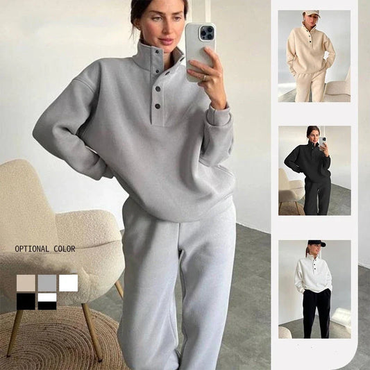 Oversized cotton blend pullover and pant set in neutral colors for comfortable, stylish everyday wear